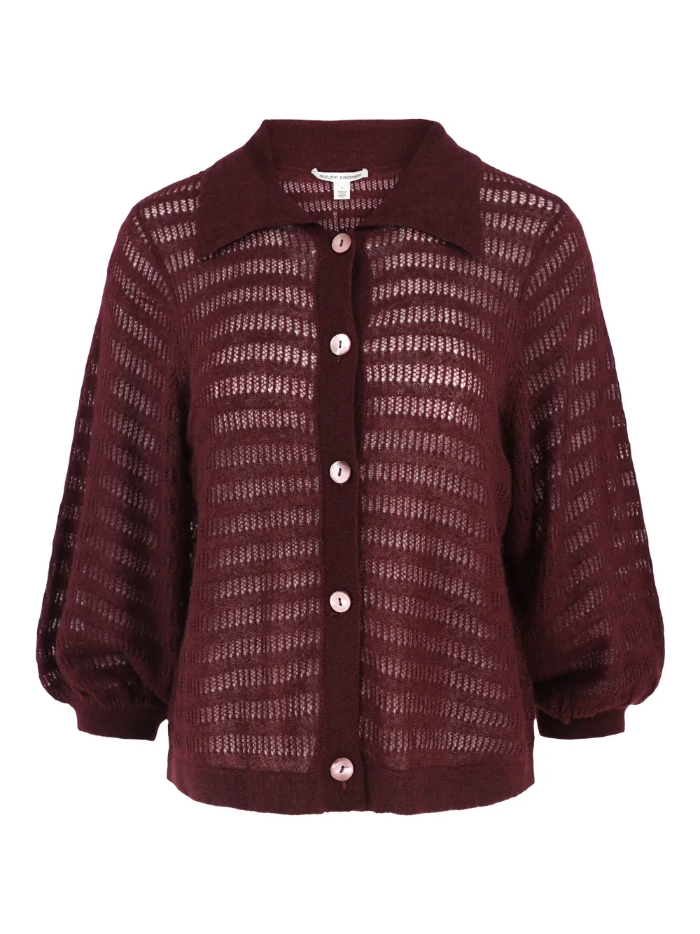 Autumn Cashmere Puff Sleeve Collared Cardi in Bordeaux
