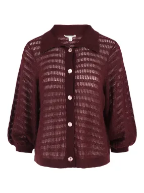 Autumn Cashmere Puff Sleeve Collared Cardi in Bordeaux