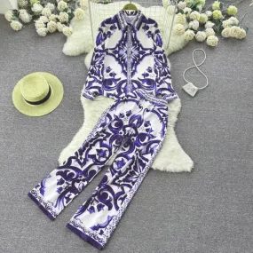 Autumn New Women's Suit Printed Loose Long Sleeve Shirt High Waist Casual Long Trousers Casual Suit 070901777