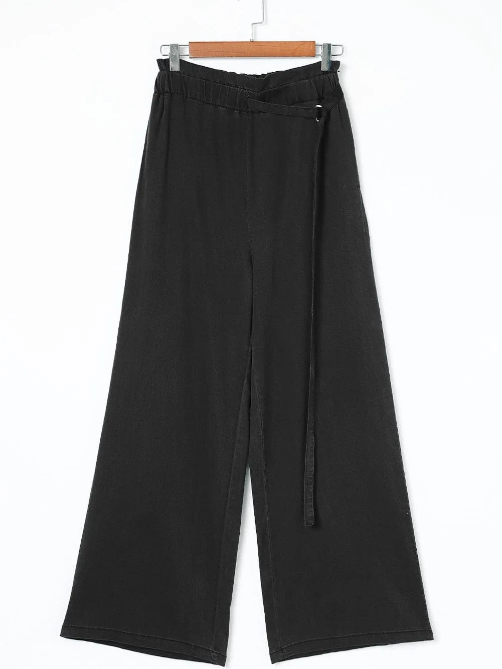 Black Wide Leg Tencel Jeans with High Waist Pockets