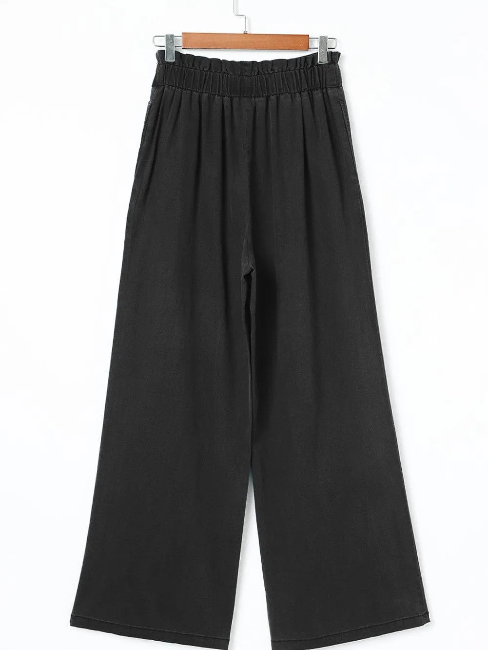 Black Wide Leg Tencel Jeans with High Waist Pockets
