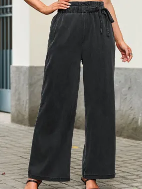Black Wide Leg Tencel Jeans with High Waist Pockets