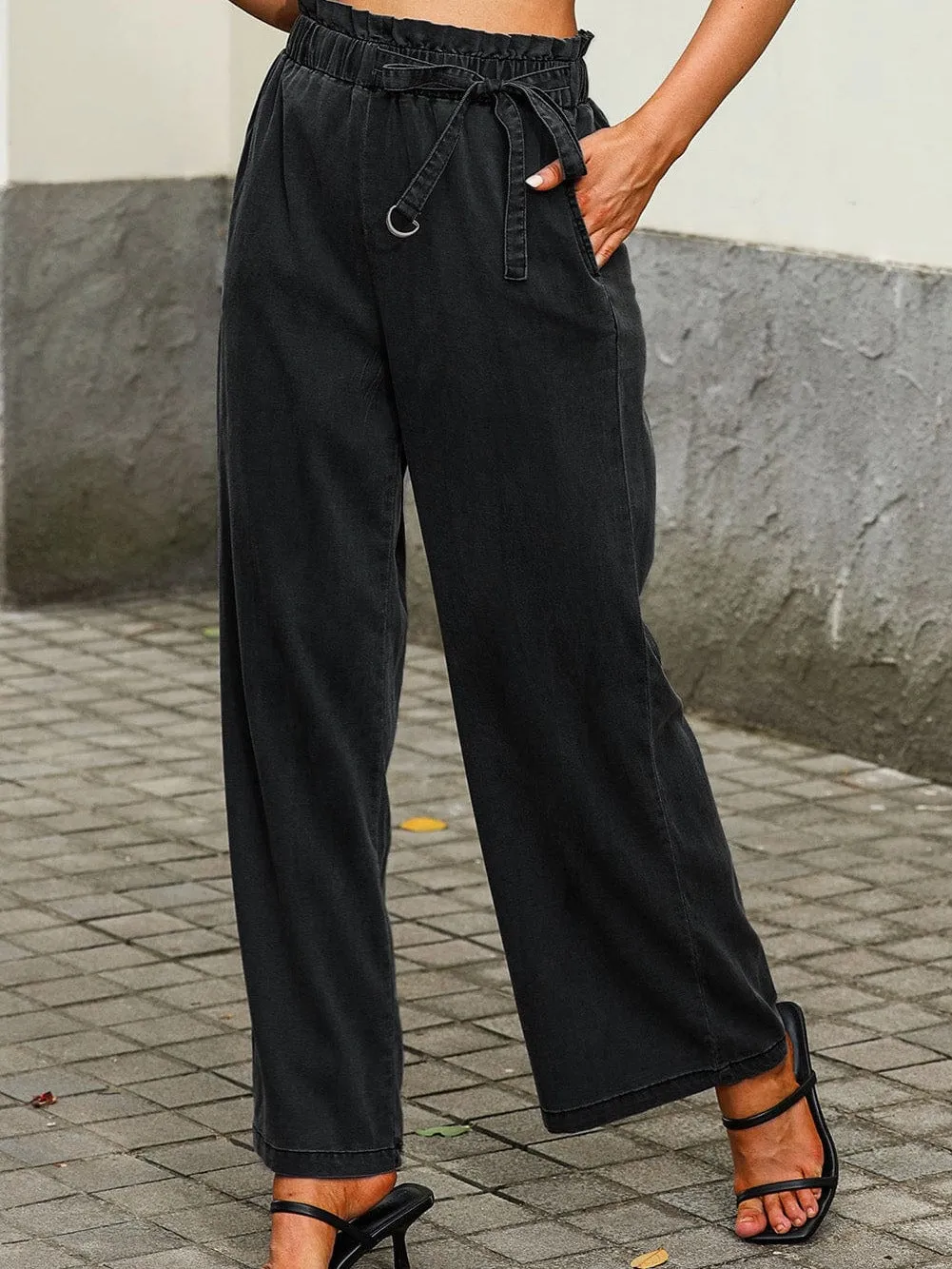 Black Wide Leg Tencel Jeans with High Waist Pockets