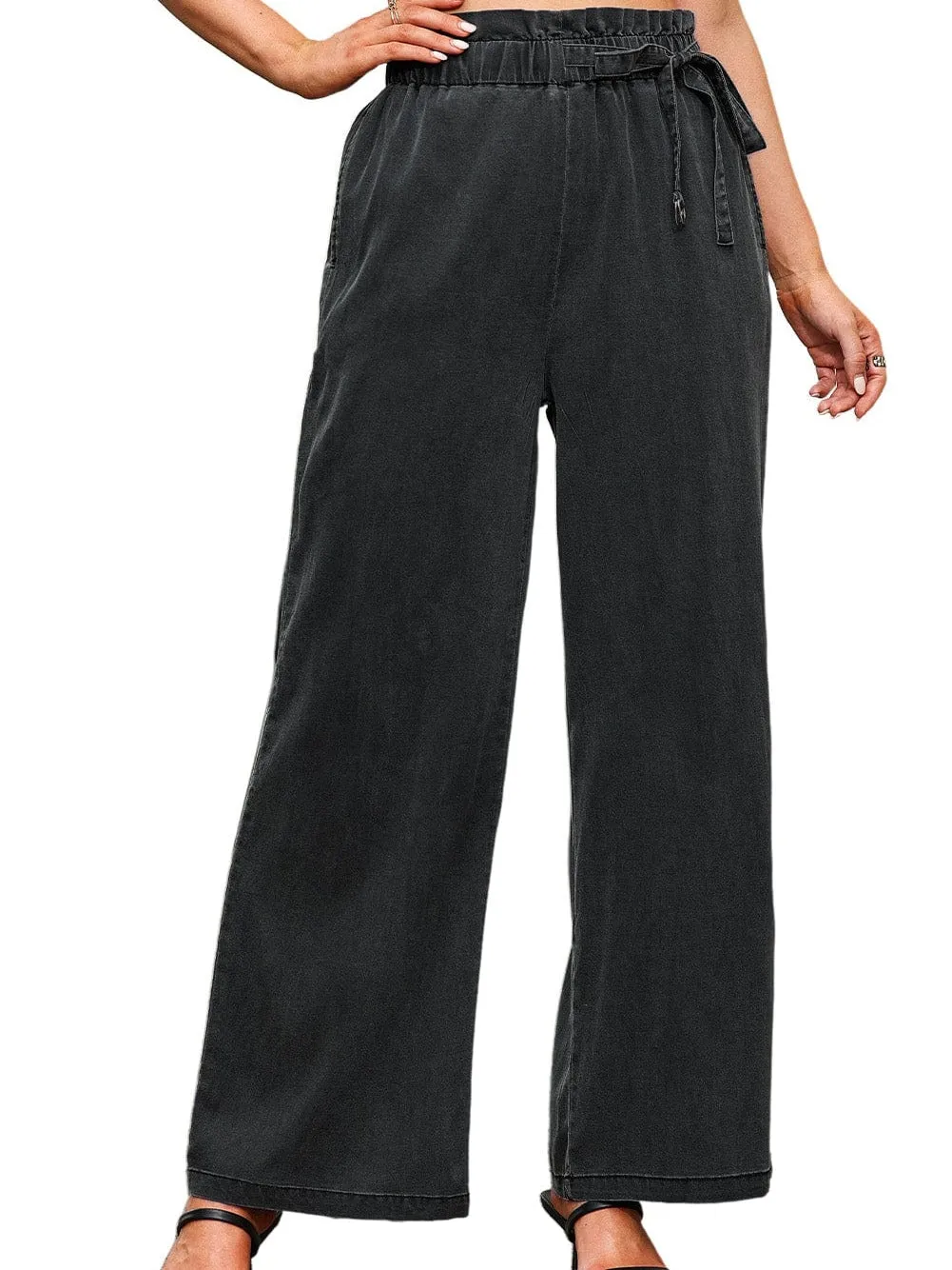 Black Wide Leg Tencel Jeans with High Waist Pockets