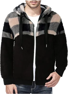 Cambkatl Men's Fashion Plaid Patchwork Fuzzy Sherpa Hoodie Jacket Zip Up Fleece Soft Hooded Sweatshirt Athletic Sports Coat