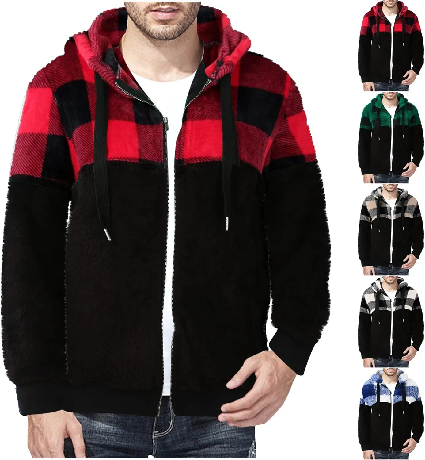 Cambkatl Men's Fashion Plaid Patchwork Fuzzy Sherpa Hoodie Jacket Zip Up Fleece Soft Hooded Sweatshirt Athletic Sports Coat