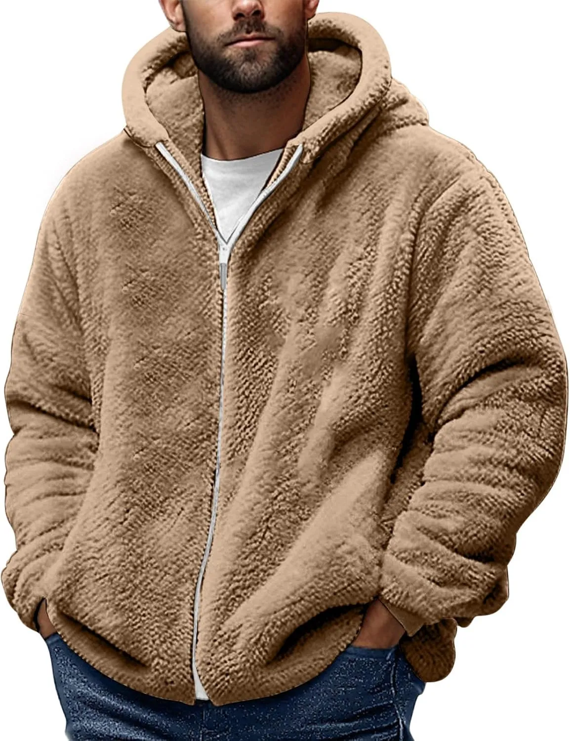 Cambkatl Men's Fuzzy Sherpa Hoodie Jacket Full Zip Up Fleece Long Sleeve Loose Soft Hooded Sweatshirt Athletic Sports Coat