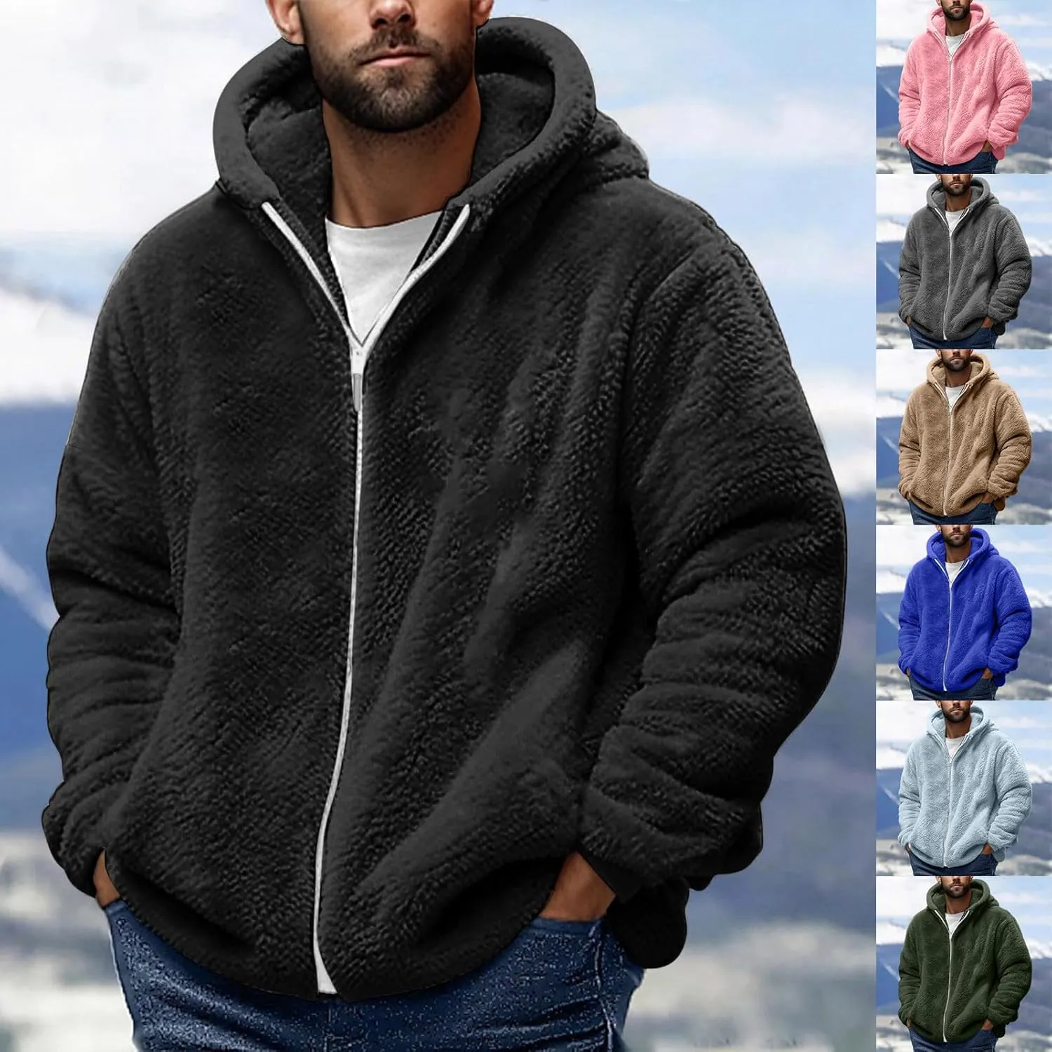 Cambkatl Men's Fuzzy Sherpa Hoodie Jacket Full Zip Up Fleece Long Sleeve Loose Soft Hooded Sweatshirt Athletic Sports Coat