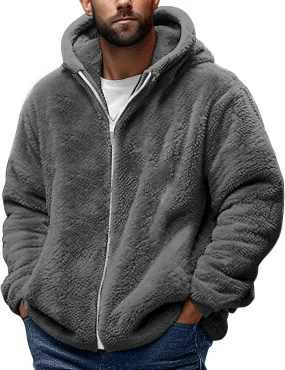 Cambkatl Men's Fuzzy Sherpa Hoodie Jacket Full Zip Up Fleece Long Sleeve Loose Soft Hooded Sweatshirt Athletic Sports Coat