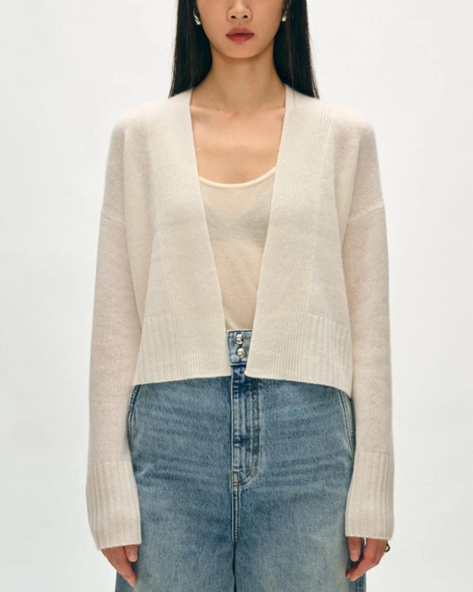 Cashmere Featherweight Open Cardigan in Soft White