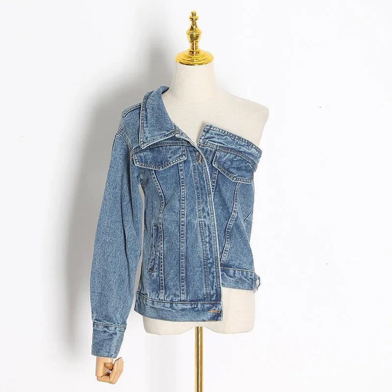 Casual Irregular Denim Jackets For Female Lapel Collar Long Sleeve Tunic Slim Asymmetrical