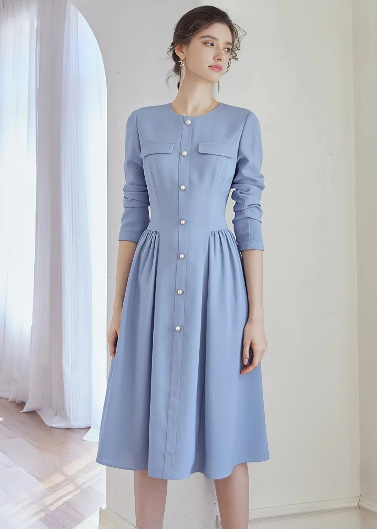 COLLARLESS FRONT BUTTON DRESS