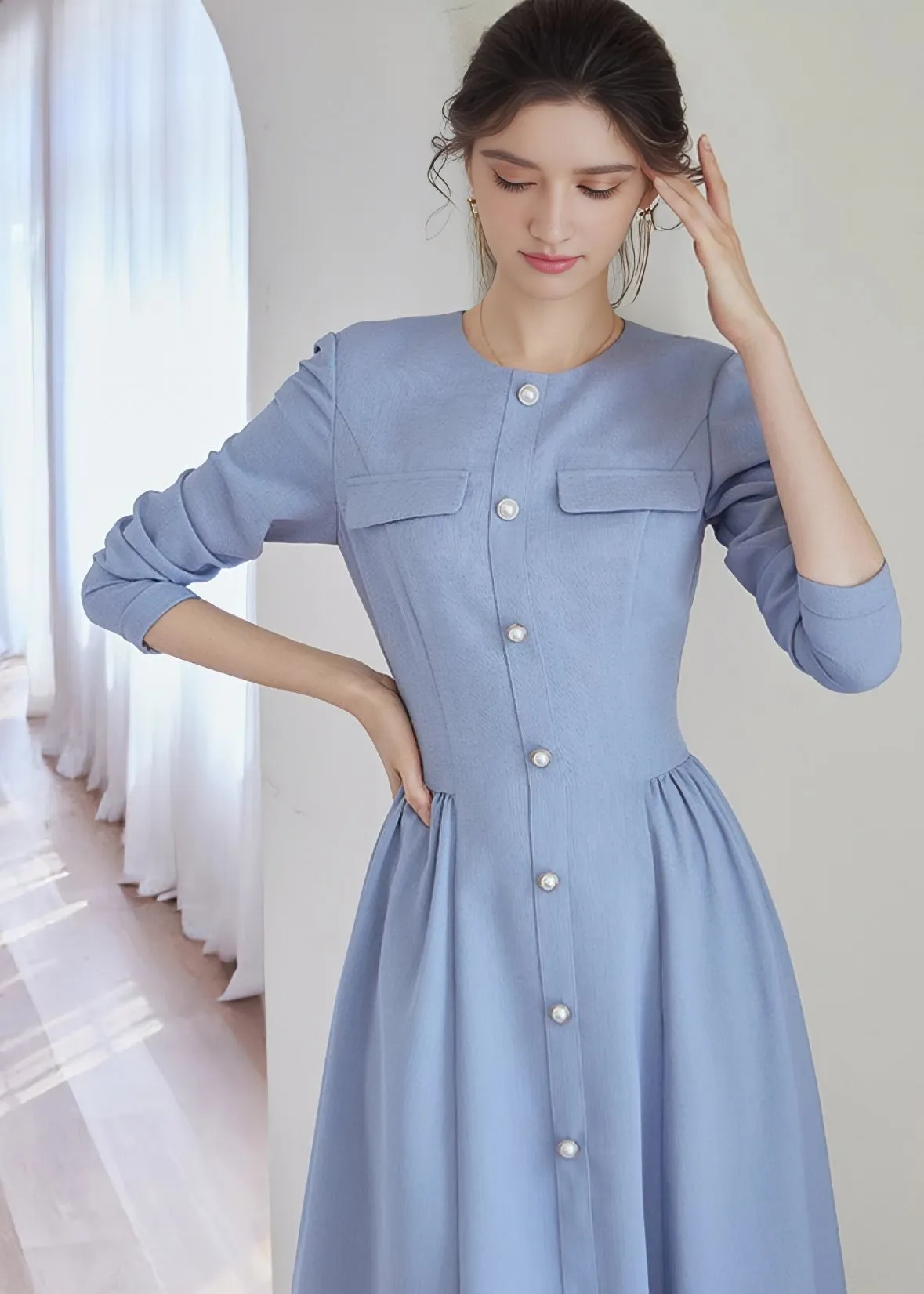 COLLARLESS FRONT BUTTON DRESS