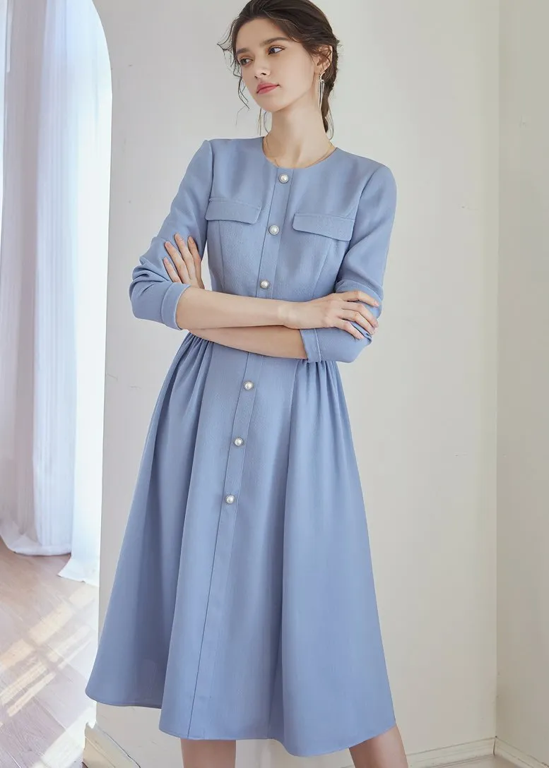 COLLARLESS FRONT BUTTON DRESS