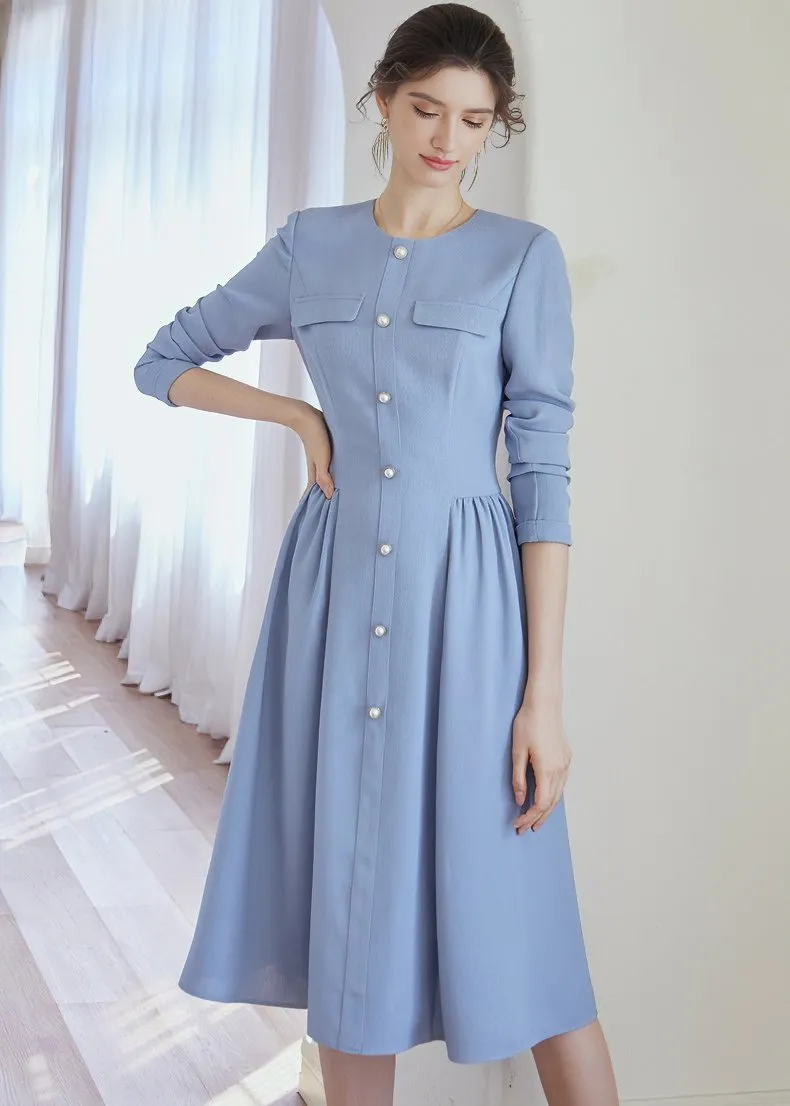 COLLARLESS FRONT BUTTON DRESS