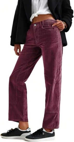 Corduroy Pants for Women Elastic High Waist Straight Leg Pants Casual Loose Vintage Pants Comfy Trousers with Pockets