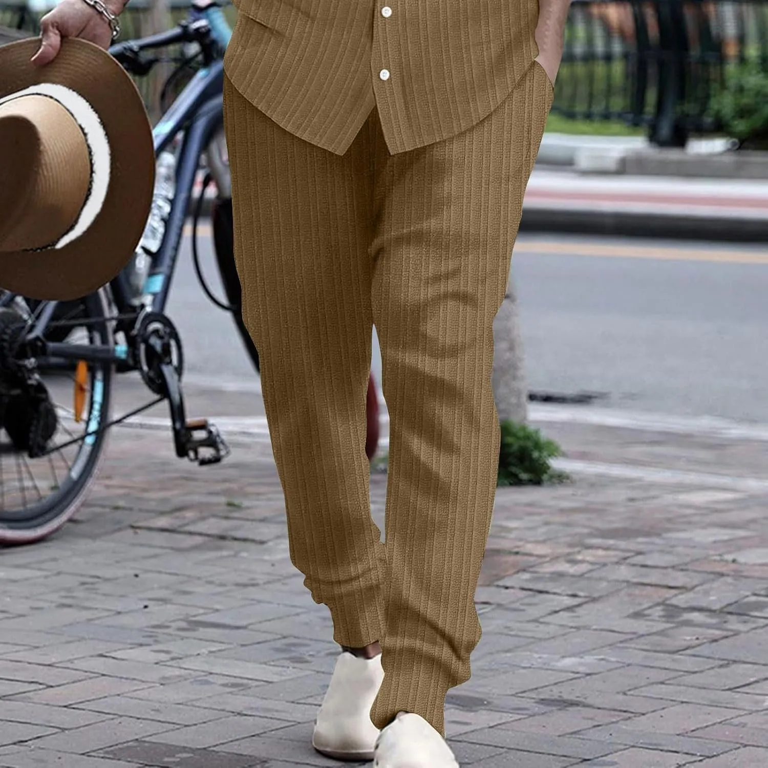 Dademeo Stripe Cotton Linen Pants for Men Comfy Breathable Casual Elastic Waist Straight Leg Pocket Business Pencil Trousers