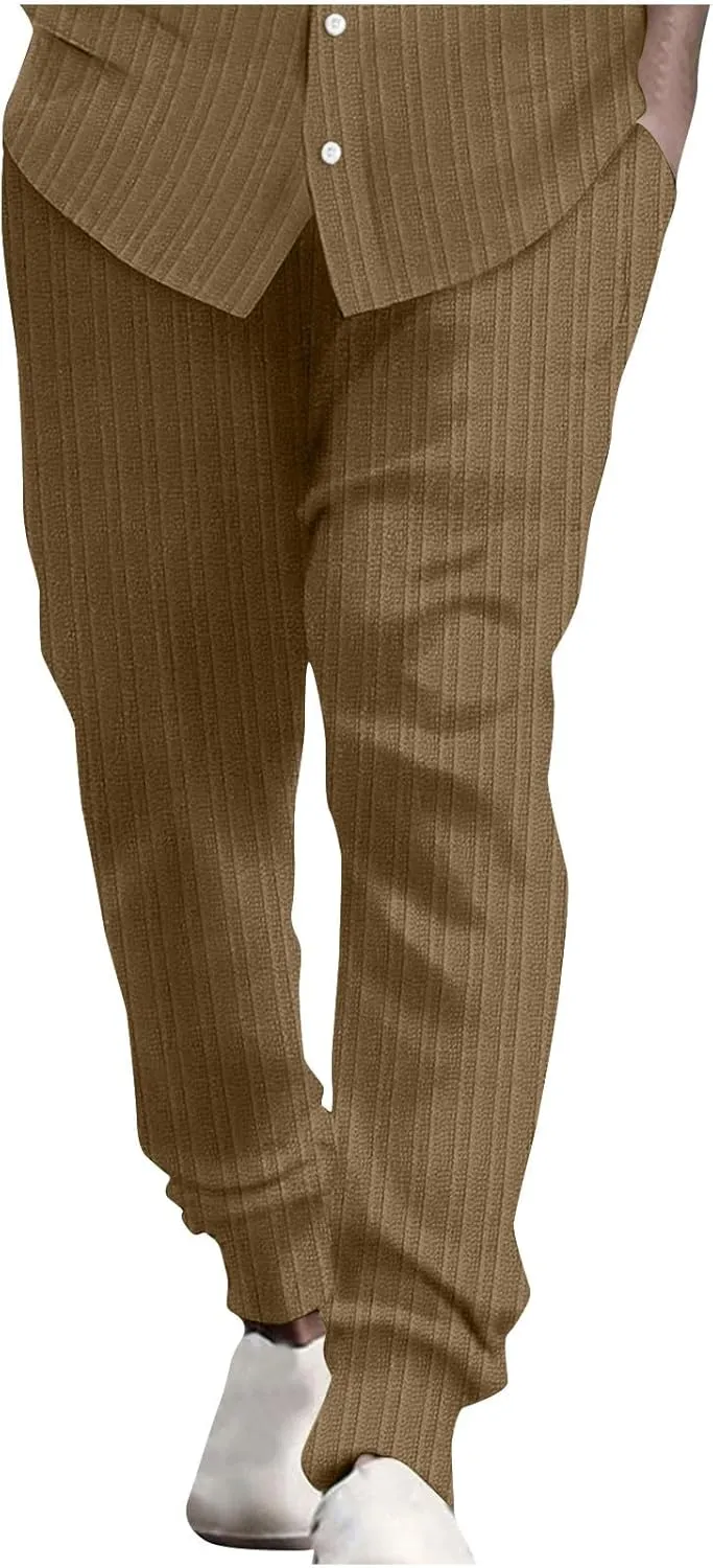 Dademeo Stripe Cotton Linen Pants for Men Comfy Breathable Casual Elastic Waist Straight Leg Pocket Business Pencil Trousers