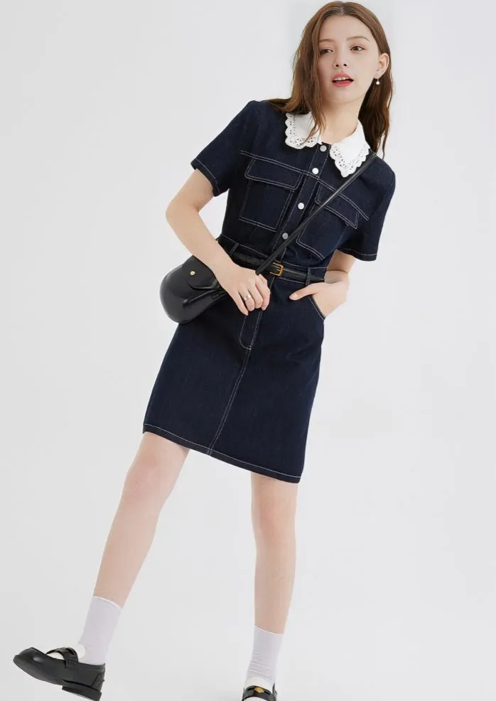 DENIM RUFFLE COLLAR SHIRT DRESS