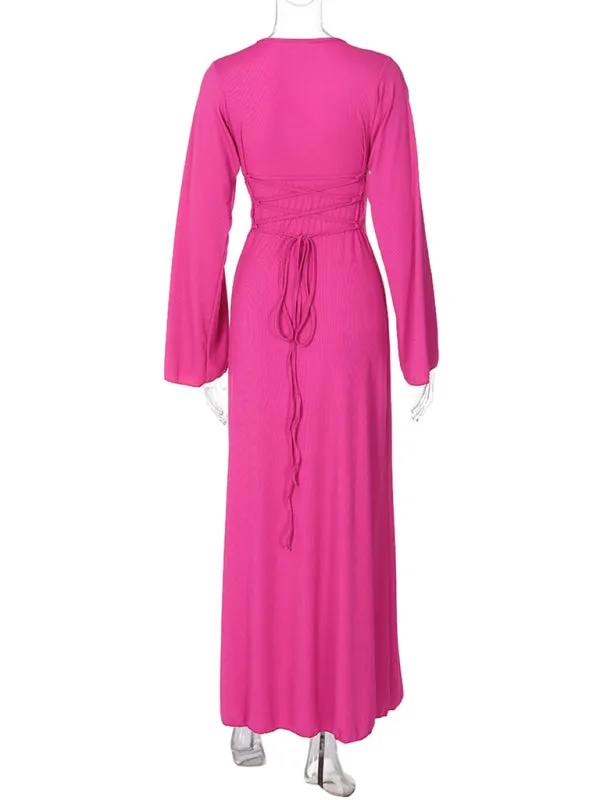 Ember Feminine U-Neck Tie-Back Long-Sleeved Dress