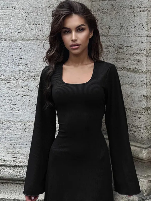 Ember Feminine U-Neck Tie-Back Long-Sleeved Dress