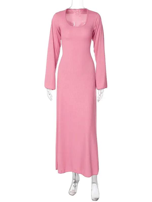 Ember Feminine U-Neck Tie-Back Long-Sleeved Dress