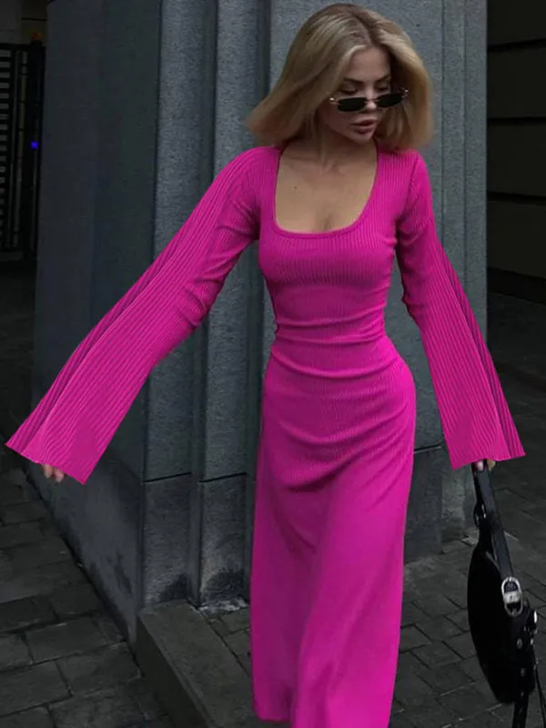 Ember Feminine U-Neck Tie-Back Long-Sleeved Dress