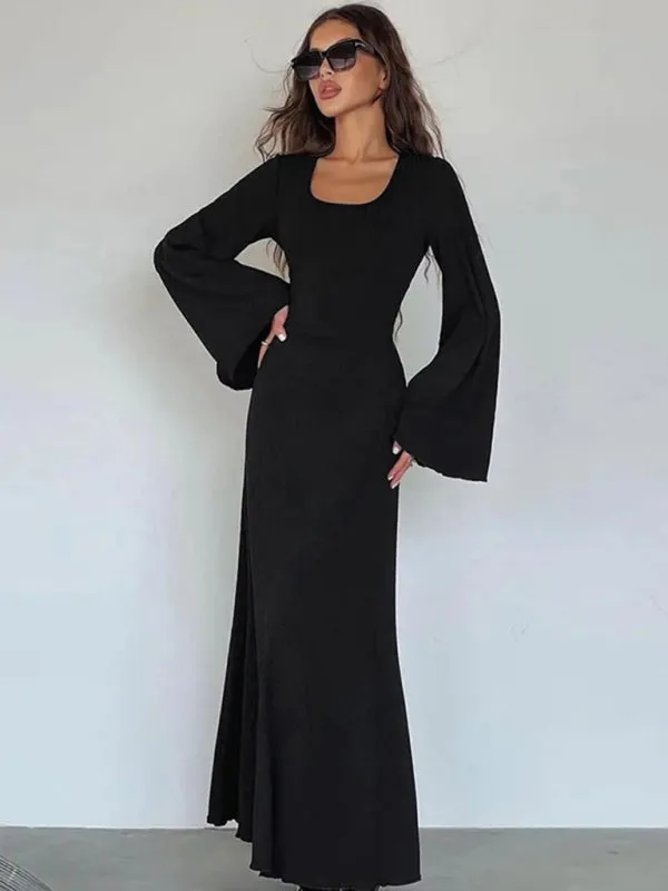 Ember Feminine U-Neck Tie-Back Long-Sleeved Dress