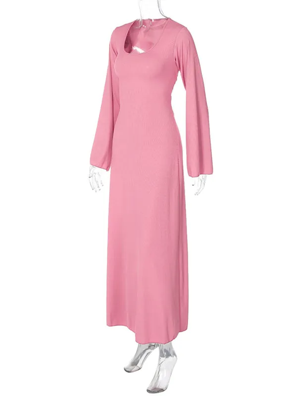 Ember Feminine U-Neck Tie-Back Long-Sleeved Dress