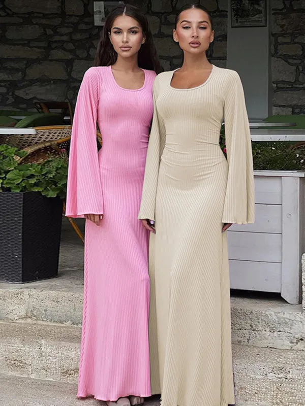 Ember Feminine U-Neck Tie-Back Long-Sleeved Dress