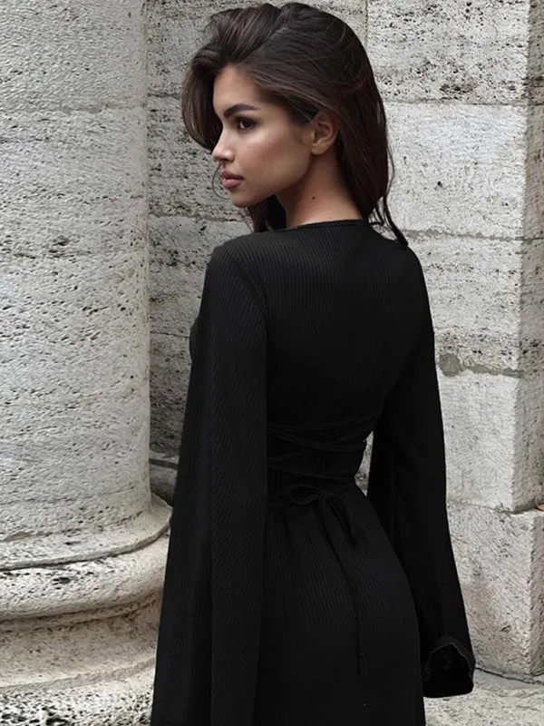 Ember Feminine U-Neck Tie-Back Long-Sleeved Dress