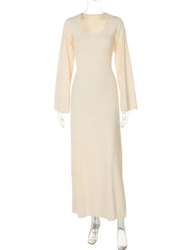 Ember Feminine U-Neck Tie-Back Long-Sleeved Dress