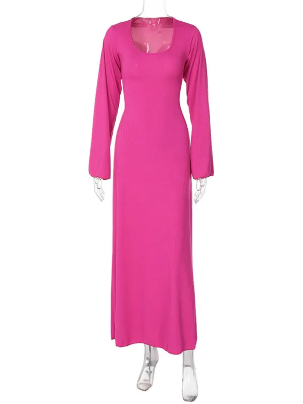 Ember Feminine U-Neck Tie-Back Long-Sleeved Dress