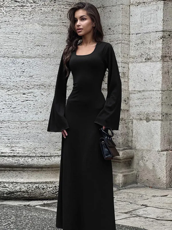 Ember Feminine U-Neck Tie-Back Long-Sleeved Dress