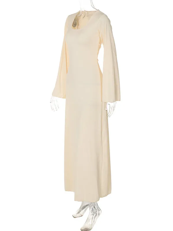 Ember Feminine U-Neck Tie-Back Long-Sleeved Dress