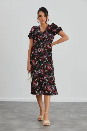 Feminine Black Floral Midi Dress