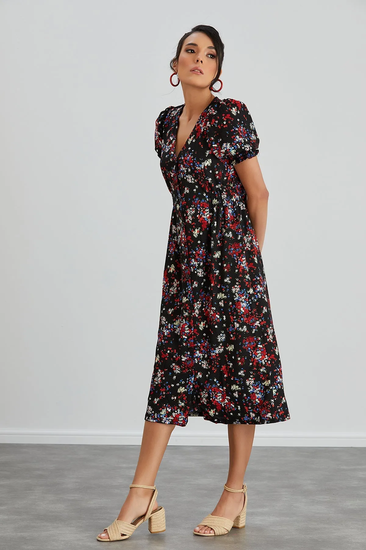 Feminine Black Floral Midi Dress