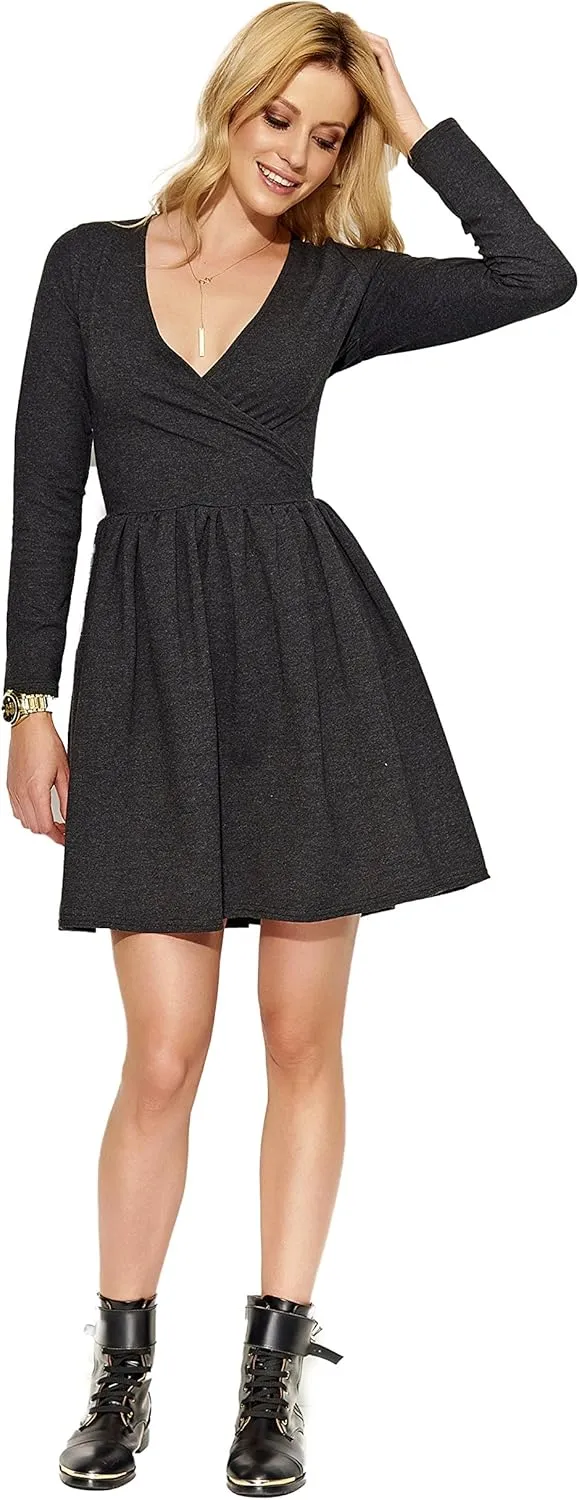 FUTURO FASHION Women V-Neck Wrap Midi Plain Long Sleeve Ladies Modern Skater Dress FA574