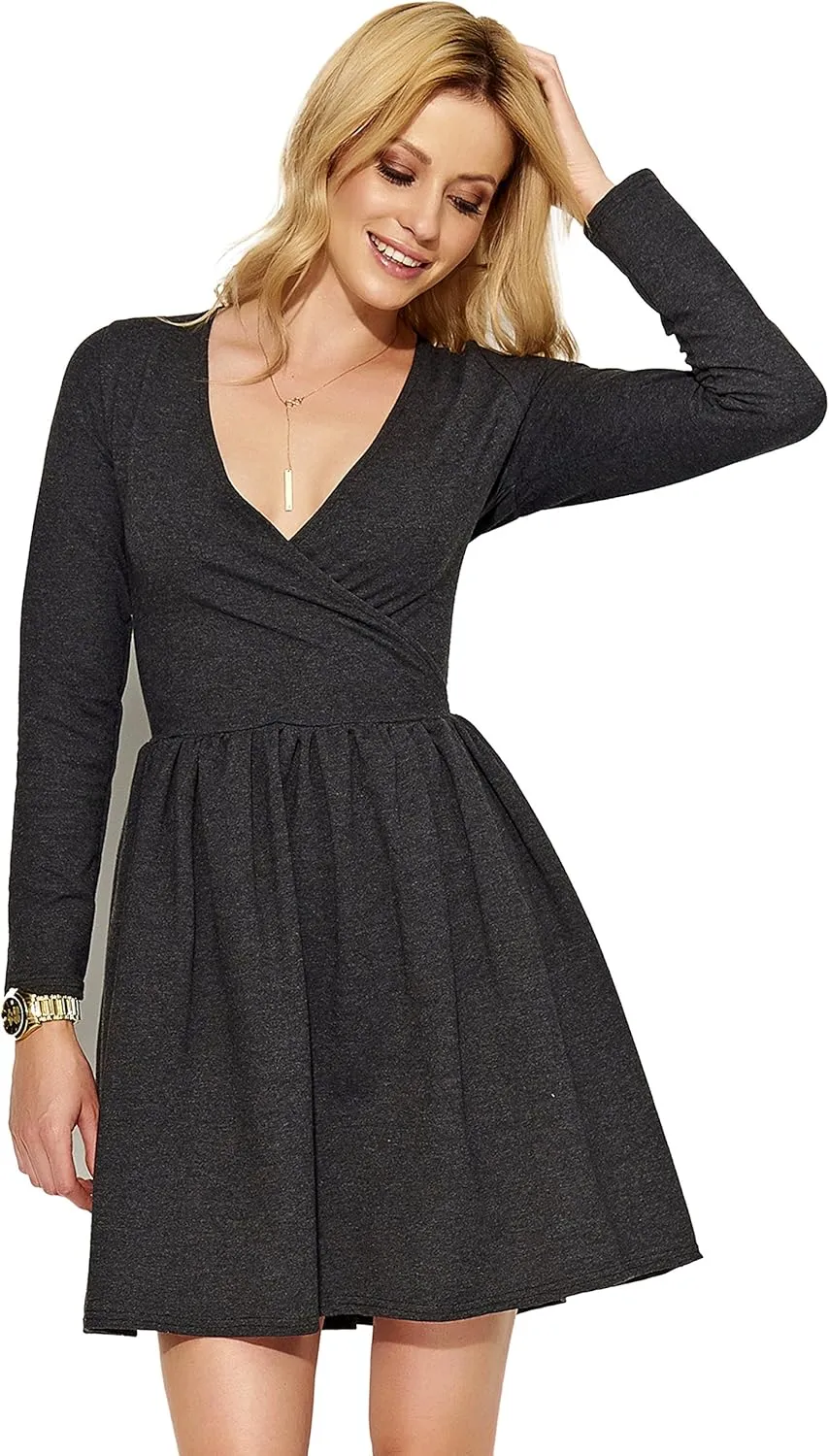 FUTURO FASHION Women V-Neck Wrap Midi Plain Long Sleeve Ladies Modern Skater Dress FA574