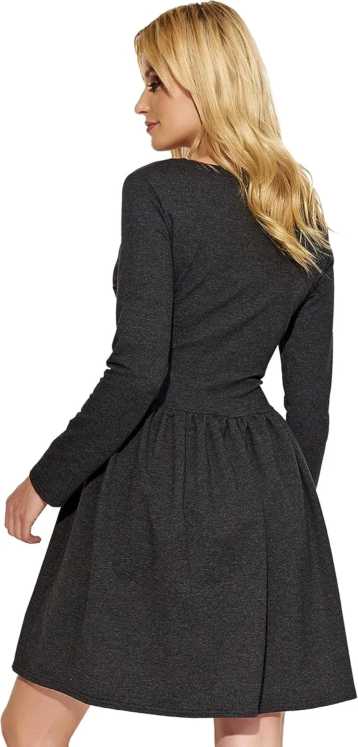 FUTURO FASHION Women V-Neck Wrap Midi Plain Long Sleeve Ladies Modern Skater Dress FA574