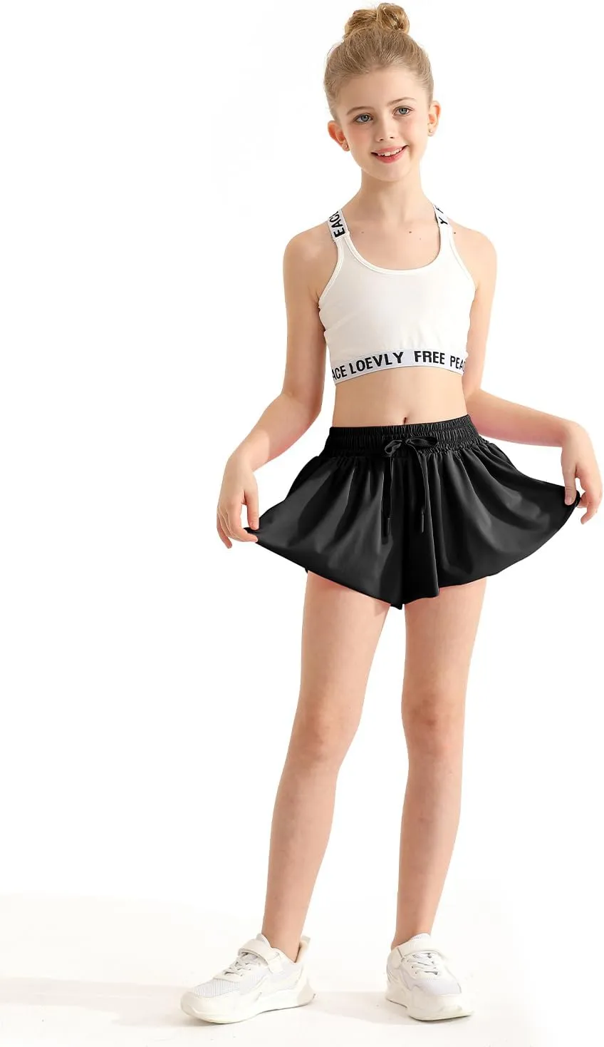 Girls Athletic Flowy Shorts with Spandex Liner 2-in-1 Kids Butterfly Short for Running,Sports,Fitness,Tennis