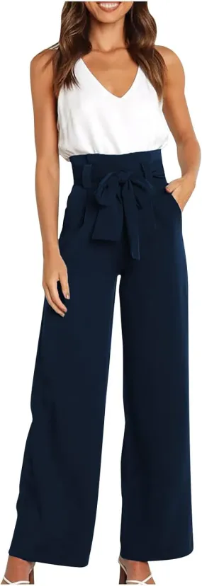 JOAU Women's High Waist Wide Leg Pants Business Work Office Casual Palazzo Elegant Long Pants Belted Straight Leg Trousers