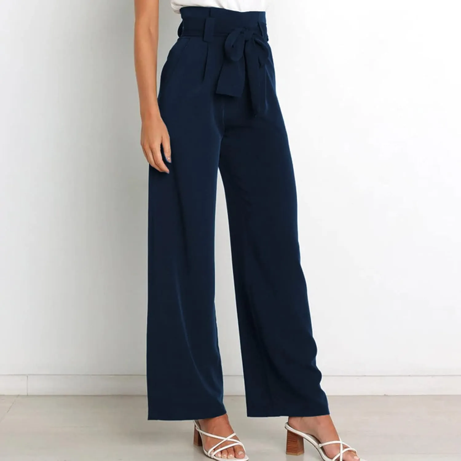 JOAU Women's High Waist Wide Leg Pants Business Work Office Casual Palazzo Elegant Long Pants Belted Straight Leg Trousers