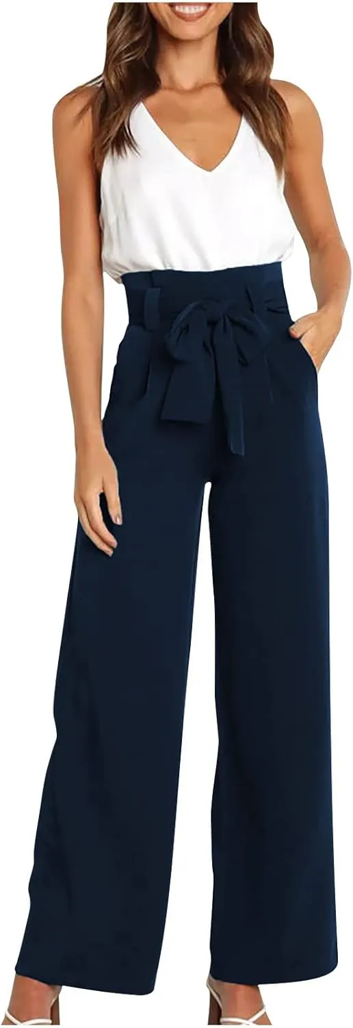 JOAU Women's High Waist Wide Leg Pants Business Work Office Casual Palazzo Elegant Long Pants Belted Straight Leg Trousers