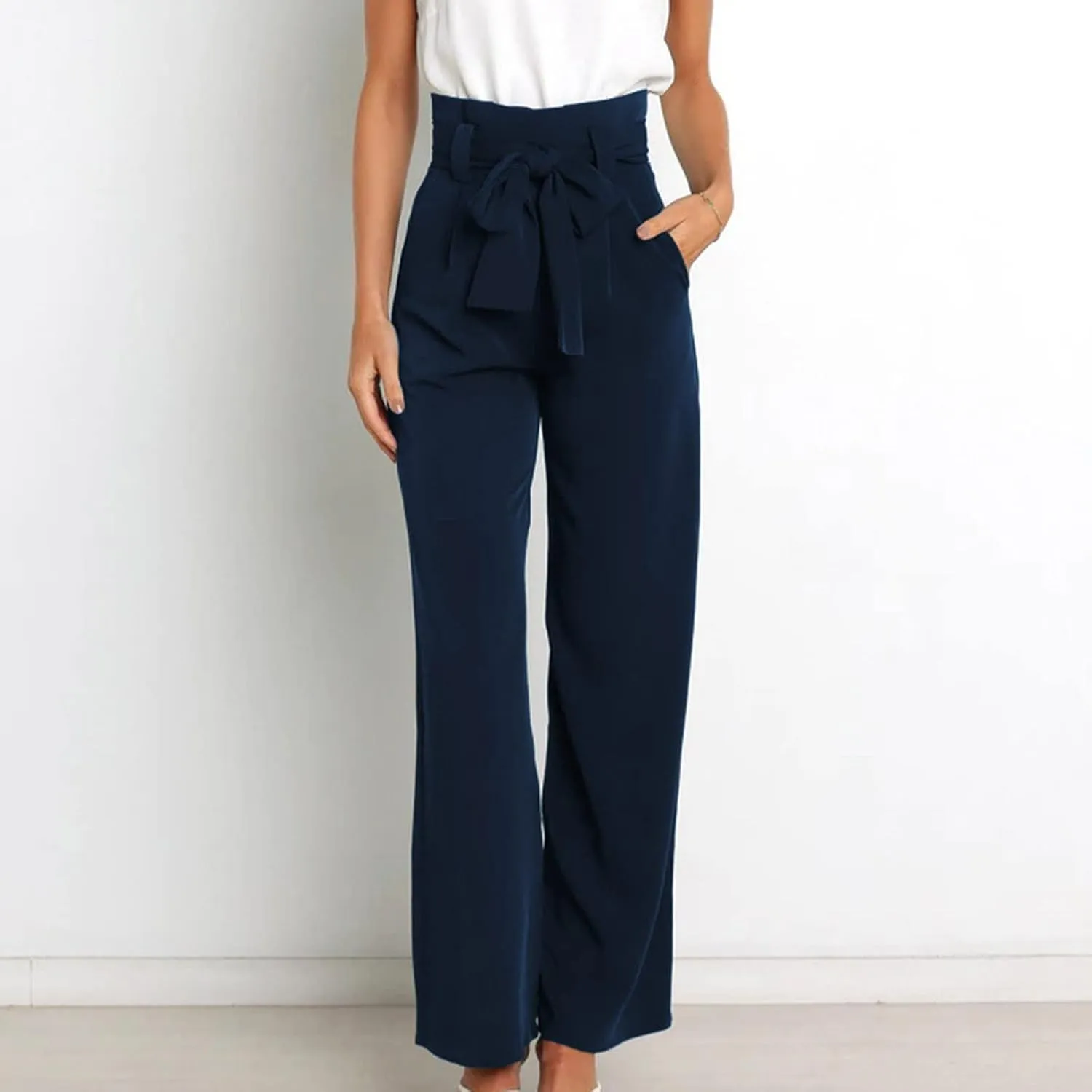 JOAU Women's High Waist Wide Leg Pants Business Work Office Casual Palazzo Elegant Long Pants Belted Straight Leg Trousers