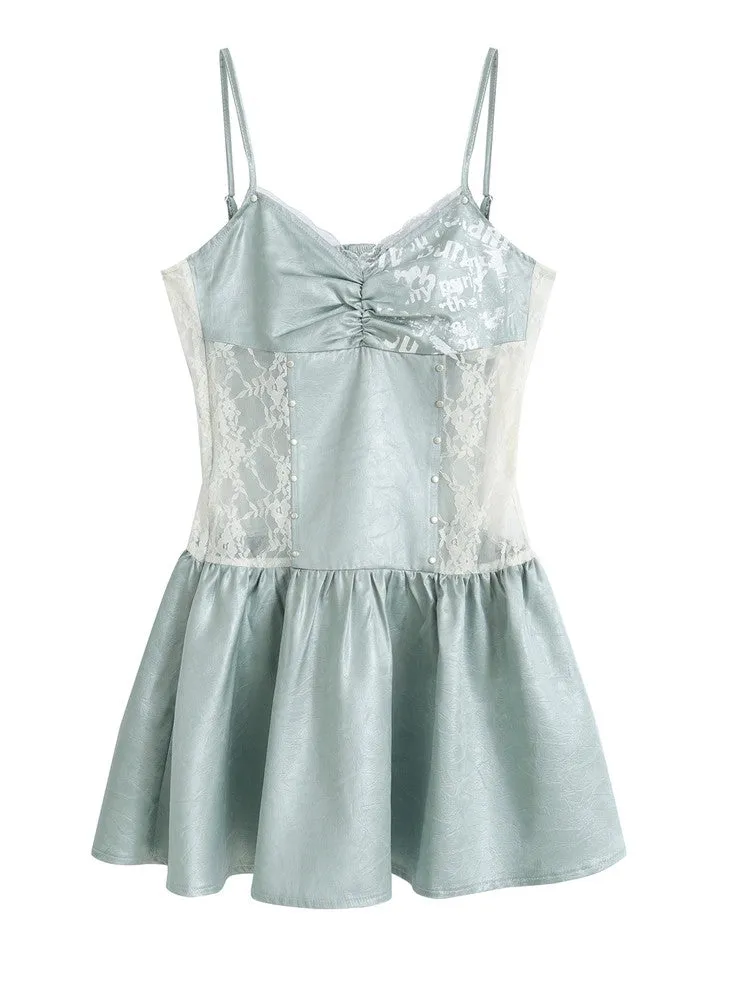 Lace Mesh Sheer Flare Glossy Camisole Short Feminine Dress