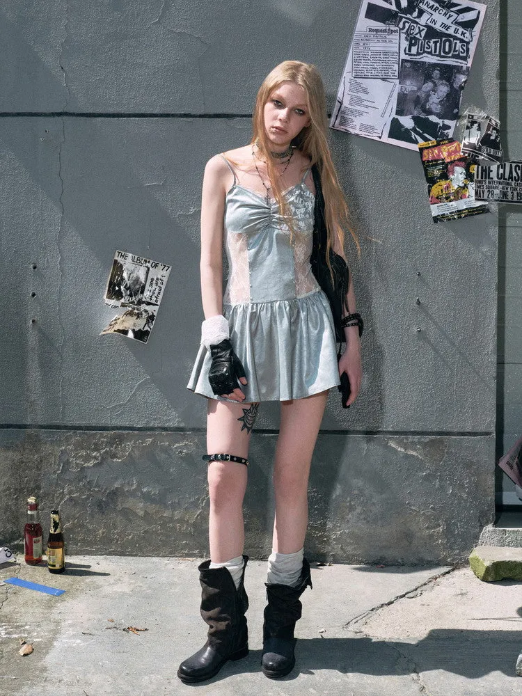 Lace Mesh Sheer Flare Glossy Camisole Short Feminine Dress