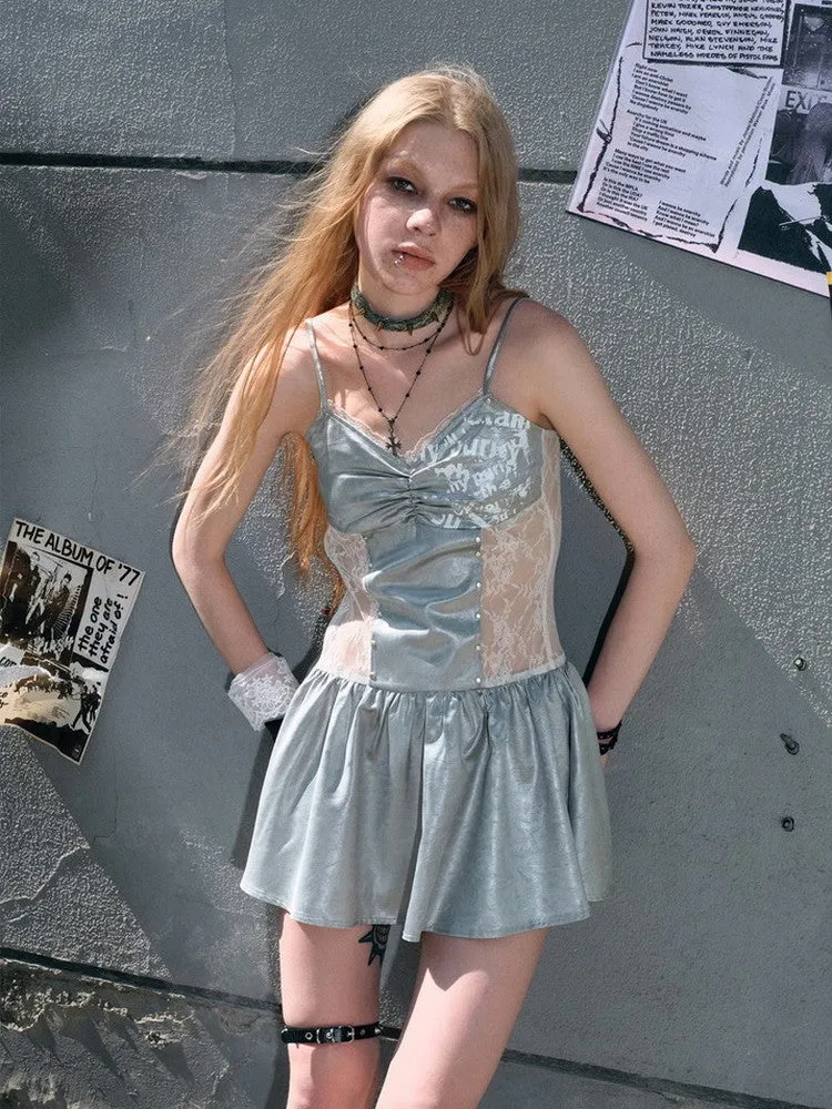Lace Mesh Sheer Flare Glossy Camisole Short Feminine Dress