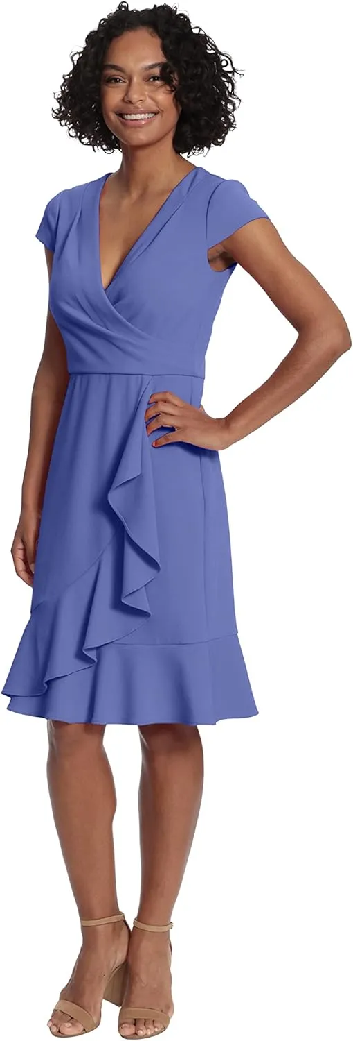 London Times Women's Feminine Ageless Surplice V-Neck Faux Wrap Ruffle Dress Office Event Shower Guest of