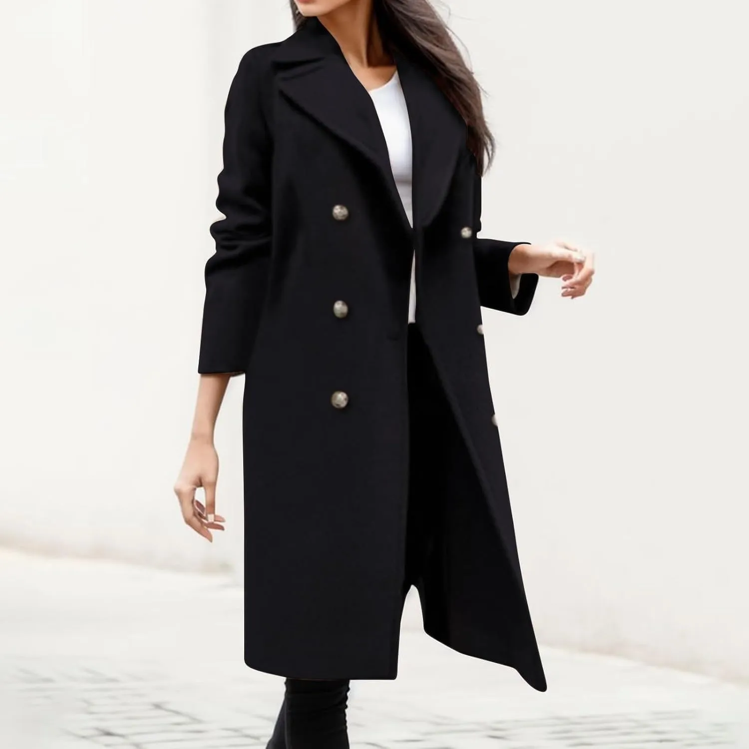 Long Wool Soft Coats for Women Double Breasted Trench Coat Winter Work Office Notch Lapel Overcoat Pocketed Outwear